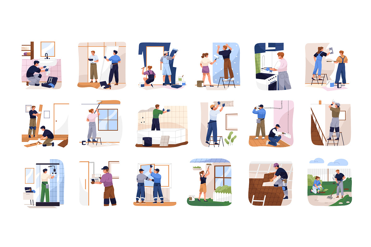 Workers repair houses set, a Person Illustration by PaperTrident (Photo 1 of 19)