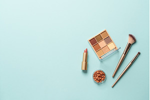 Make up products on blue background., a Beauty & Fashion Photo by Nadia-nb