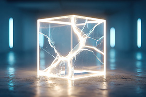 Bright light emerges from cracked box in dark deserted space with glowing walls, a Background Photo by AlyaAnd