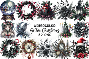Gothic Christmas Watercolor Clipart, an Illustration by CraftArtStudio
