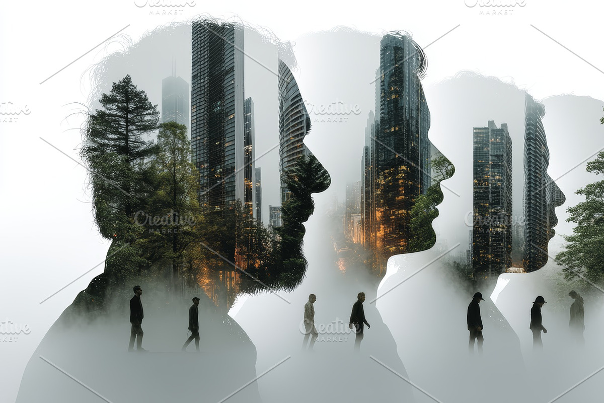 Double exposure silhouettes blend urban skyline with nature as people walk thro, an Illustration by AS photostudio