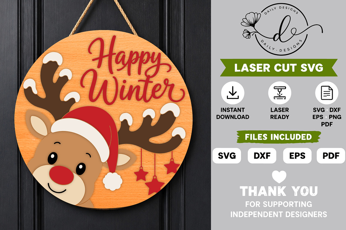 Happy Winter Reindeer Laser Cut SVG, a Work Illustration by Daily.Designs (Photo 3 of 3)