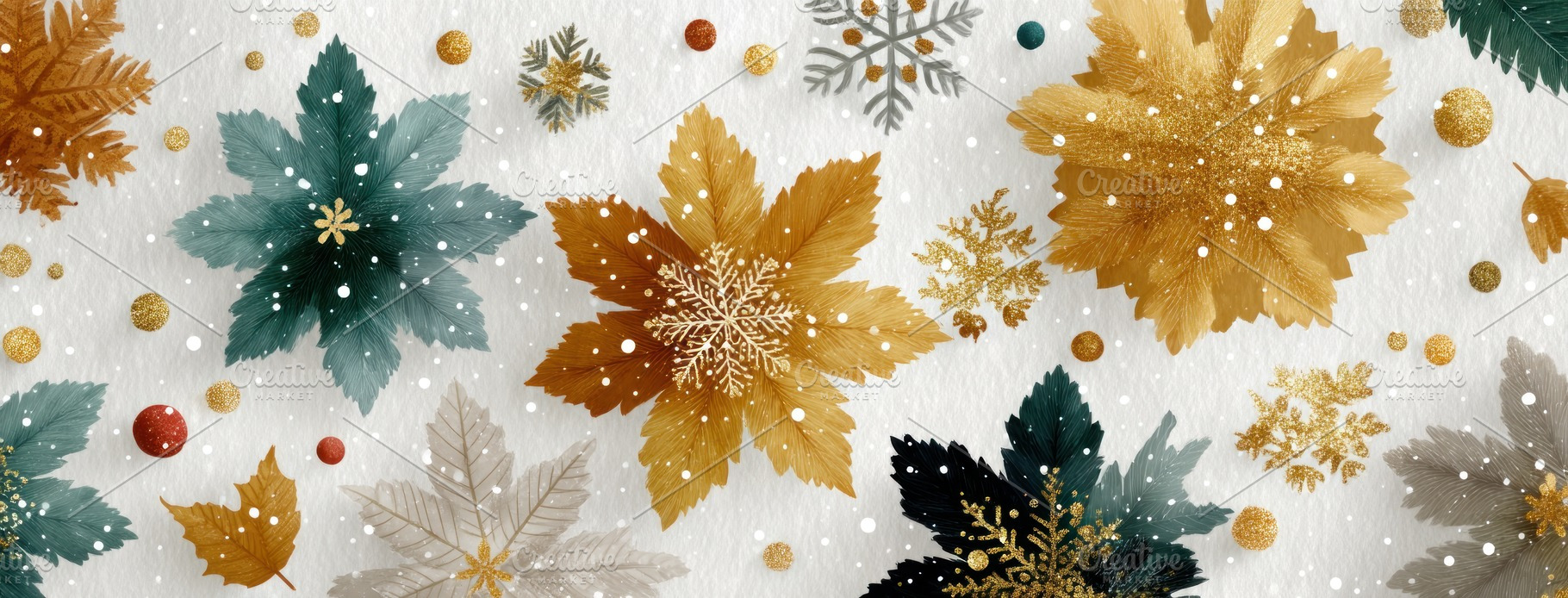 Colorful festive leaves and snowflakes in gold, teal, and red on, a Holiday Photo by José Manuel Gelpi