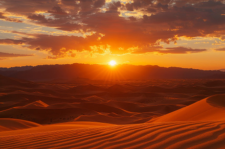 The sun sets behind distant mountain, a Photo by Tanuart