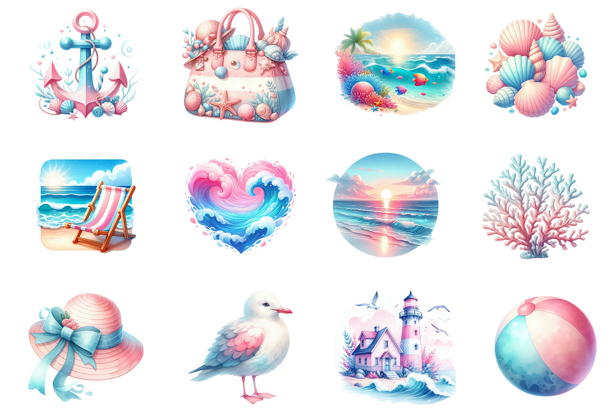 Summer Pink & Blue Coastal Clipart, an Illustration by Dream Creation (Photo 3 of 5)