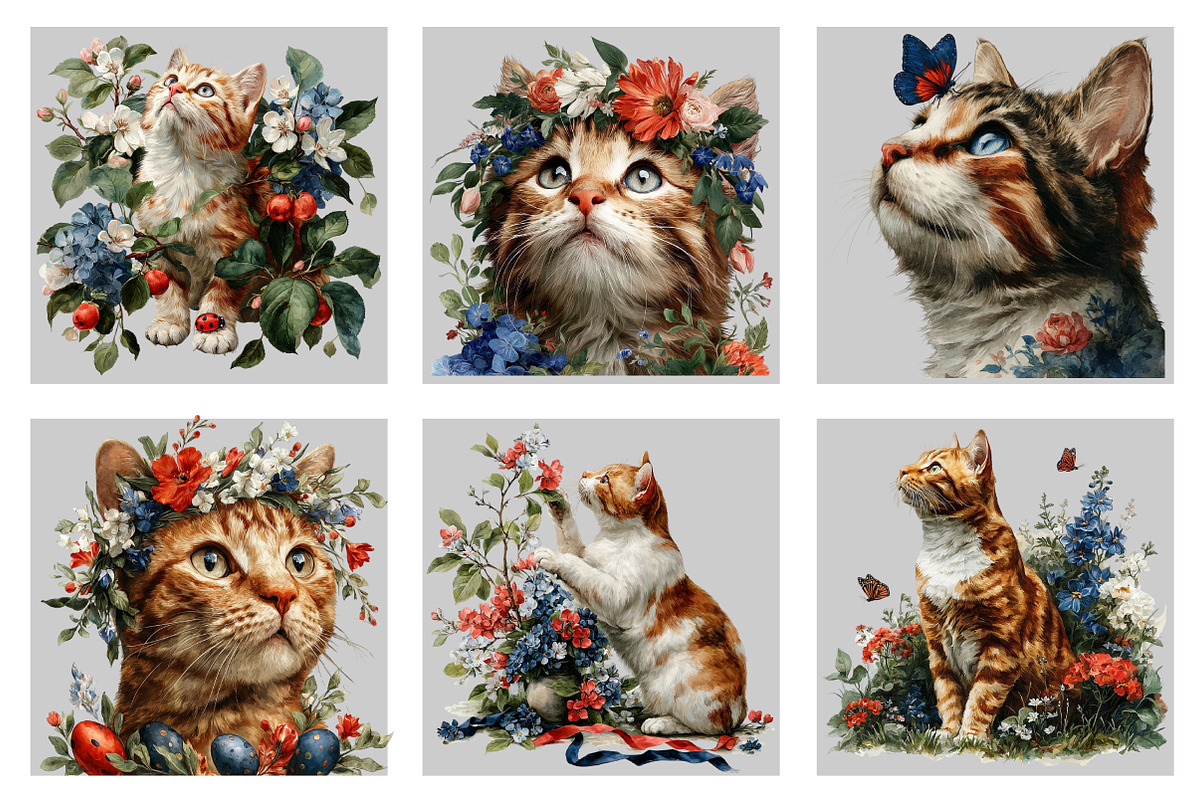 Whimsical Spring Cat Clipart, an Illustration by Black Bird Studio (Photo 5 of 5)