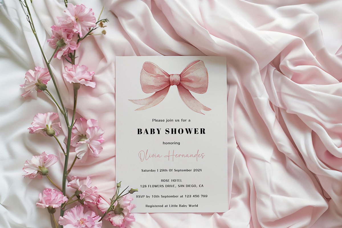 Pink Bow Baby Shower Invitation, an Invitation Template by LucaTheme (Photo 1 of 5)