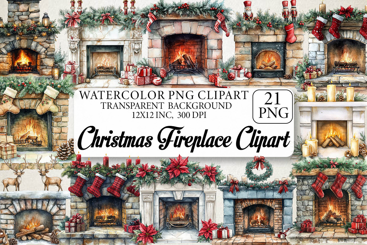 Watercolor Christmas Fireplace Clipa, an Illustration by DreamPrint404 (Photo 1 of 5)