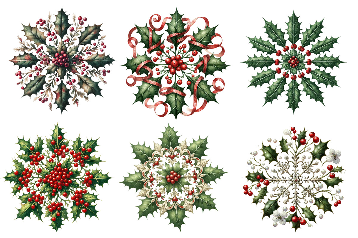 Vintage Holly Snowflakes Clipart, an Illustration by Designworld (Photo 4 of 4)