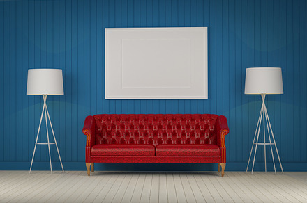 Red sofa in the room featuring 3d, apartment, and background, an Architecture Photo by coffeelover
