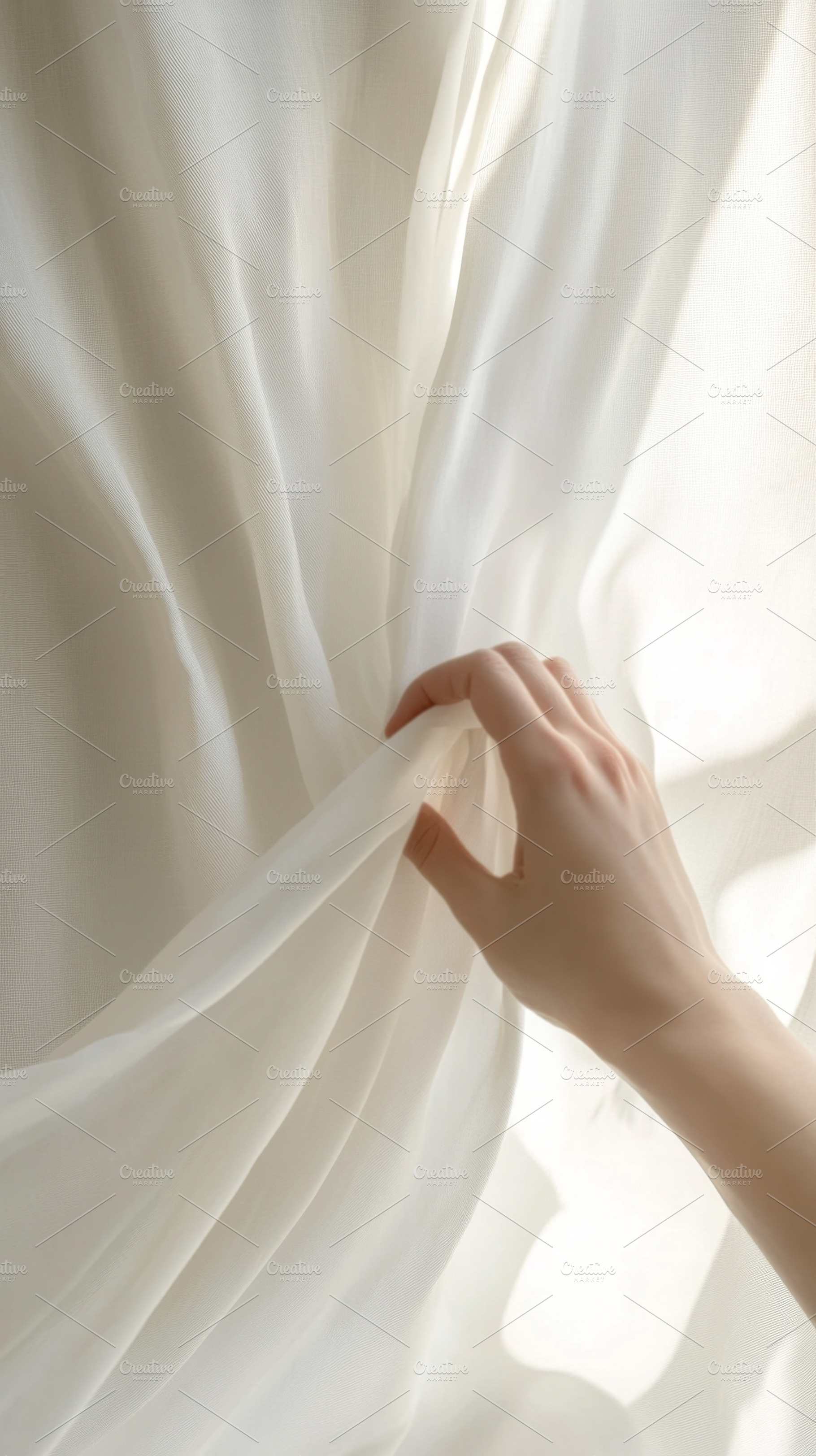Hand Touching Flowing Sheer Curtain in Sunlight, an Abstract Photo by Natalia Klenova's Shop