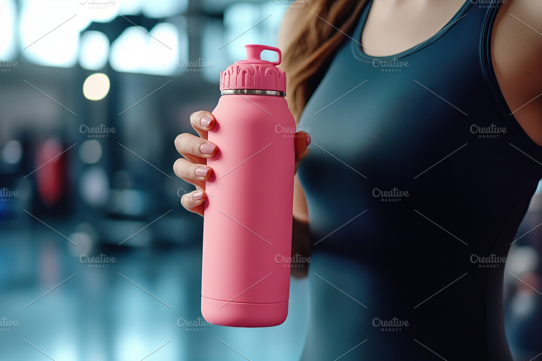 Athlete quenches thirst with pink water bottle during workout session at gym, a Sports & Recreation Photo by AlyaAnd