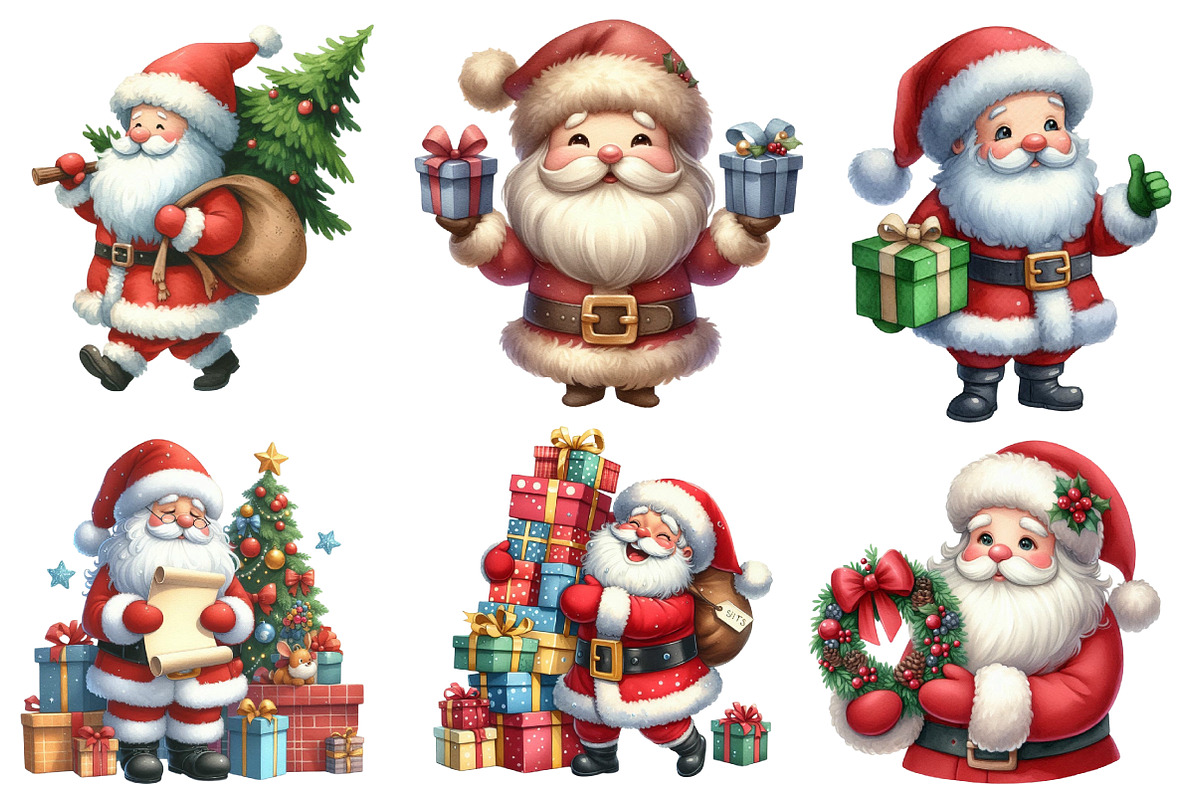 Watercolor Cute Santa Clipart Bundle, an Illustration by Designworld (Photo 3 of 6)