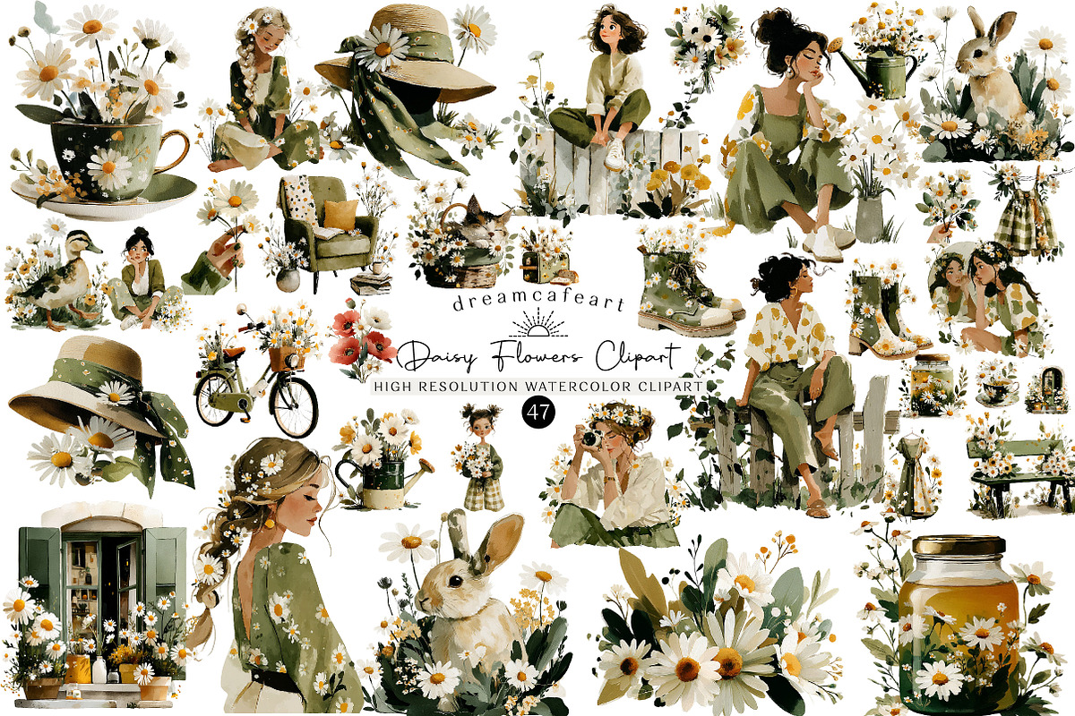 Daisy Flowers Cottagecore Girl Set, an Illustration by DreamCafeArt (Photo 1 of 6)
