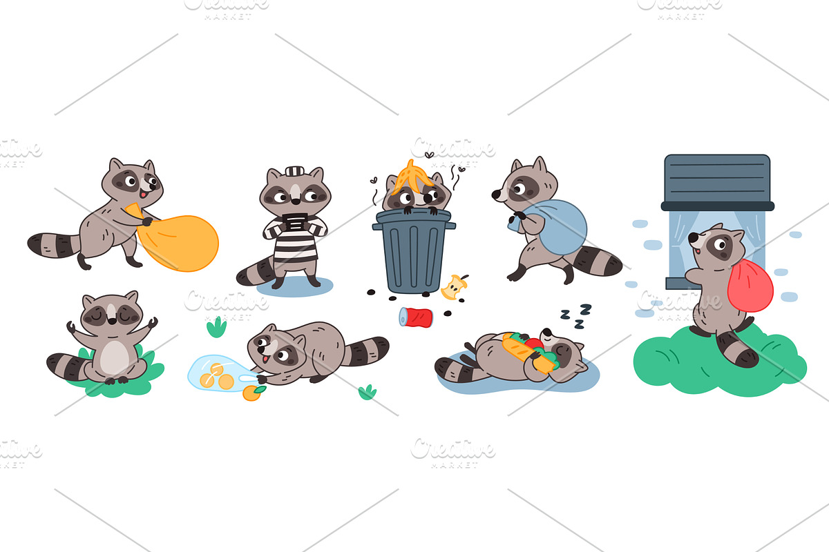 Funny raccoon characters. Cartoon, an Animal Illustration by YummyBuum