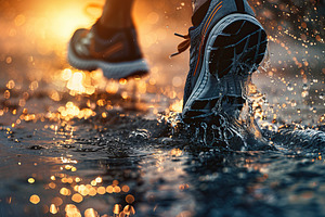 Runner running in a rain and splashes from puddle, a Person Photo by AlyaAnd