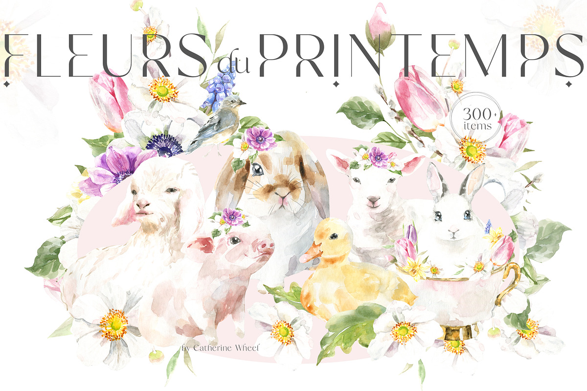 Spring Flora Farm Animals Watercolor, an Animal Illustration by Catherine Wheel (Photo 1 of 22)