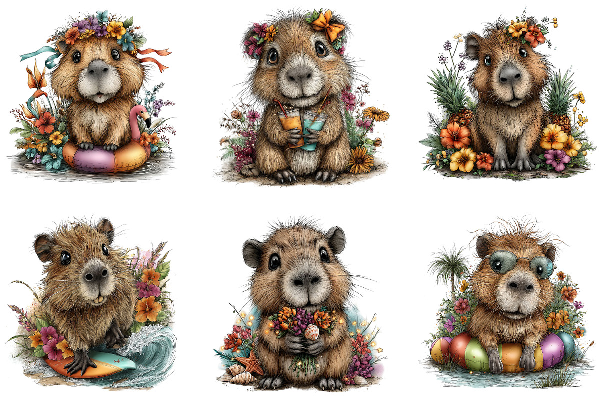 Summer Capybara Whimsical Clipart, a Seasonal Illustration by Designking (Photo 3 of 5)