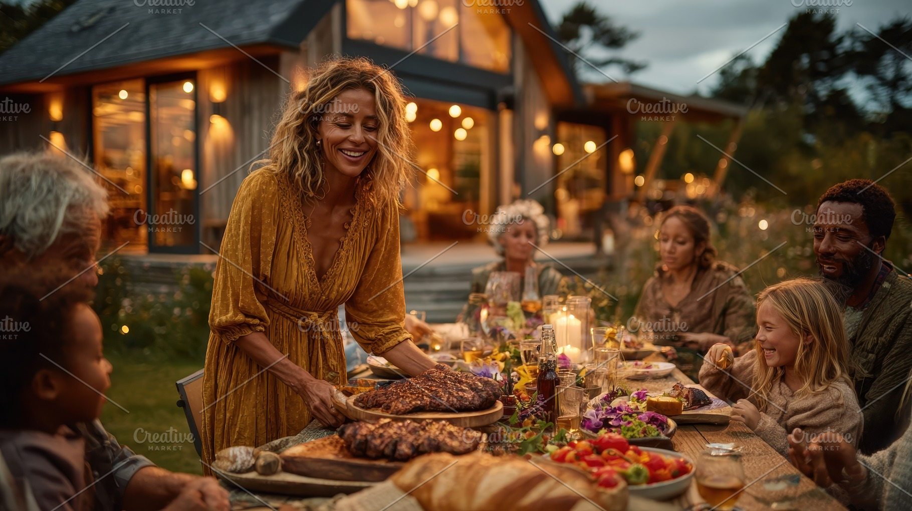 Family dinner outdoors golden hour d, a Photo by Pixeness Studio