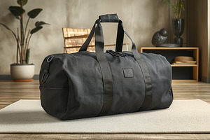 Stylish black duffel bag on a soft rug in a cozy, modern interior with natural, a Business Photo by ImageMir