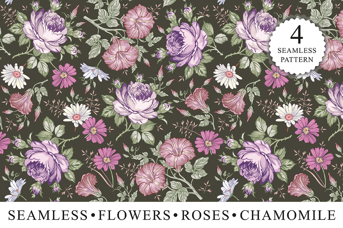 Set Seamless Flowers Roses Chamomile, a Pattern Graphic by Vintage (Photo 1 of 14)