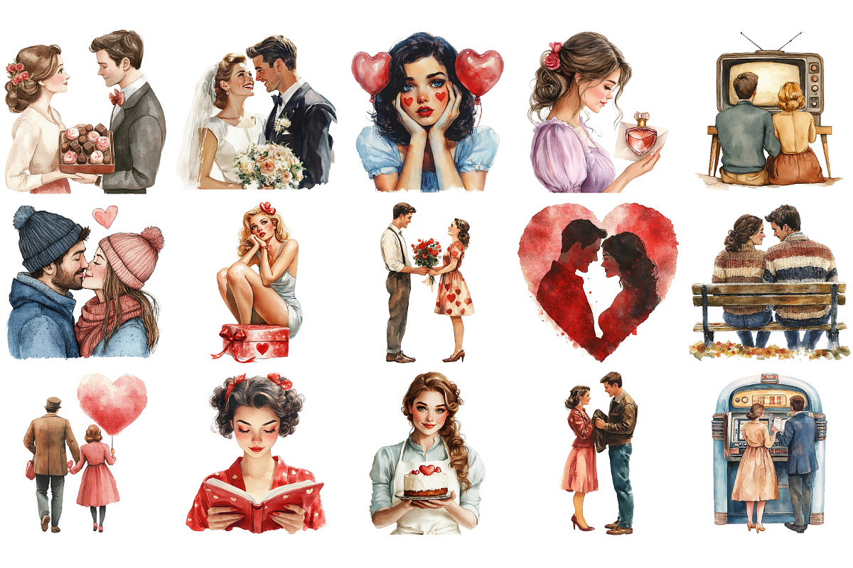 Retro Romantic couple clipart set, an Illustration by Craft Nest (Photo 3 of 4)