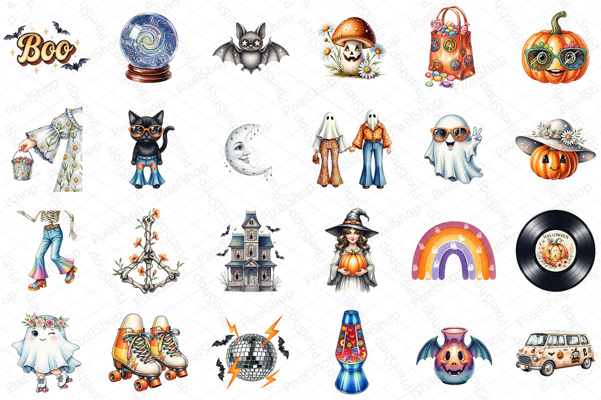 Groovy Retro Halloween Clipart, an Illustration by DreamPrint404 (Photo 3 of 5)