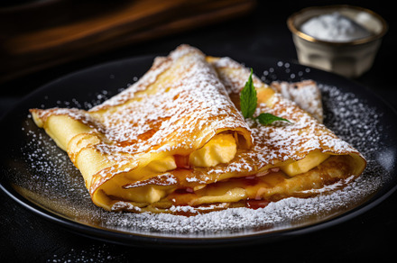 pancakes with cream and orange on a, a Photo by Iftikhar Alam