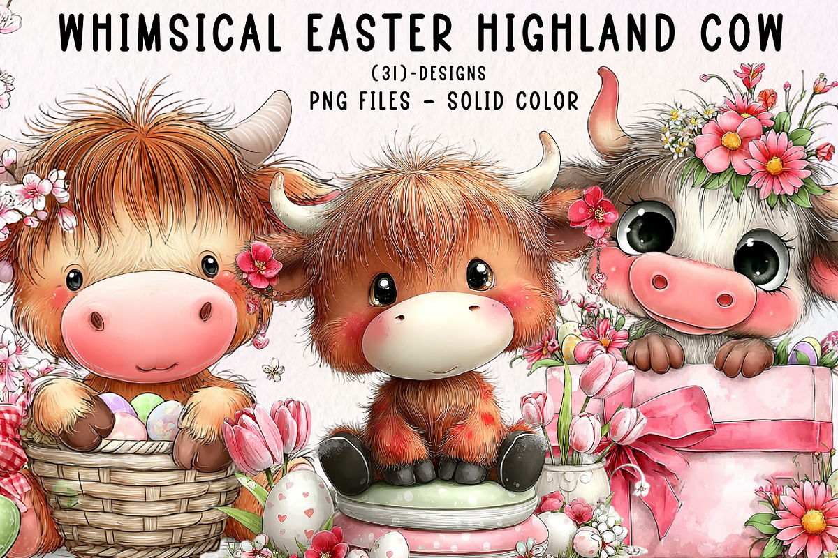 Whimsical Easter Highland Cow Clipar, an Illustration by CreationArt (Photo 1 of 7)