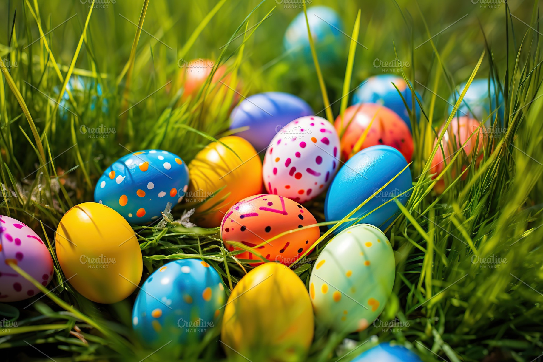 Colorful easter eggs on green grass, a Holiday Photo by AlyaAnd
