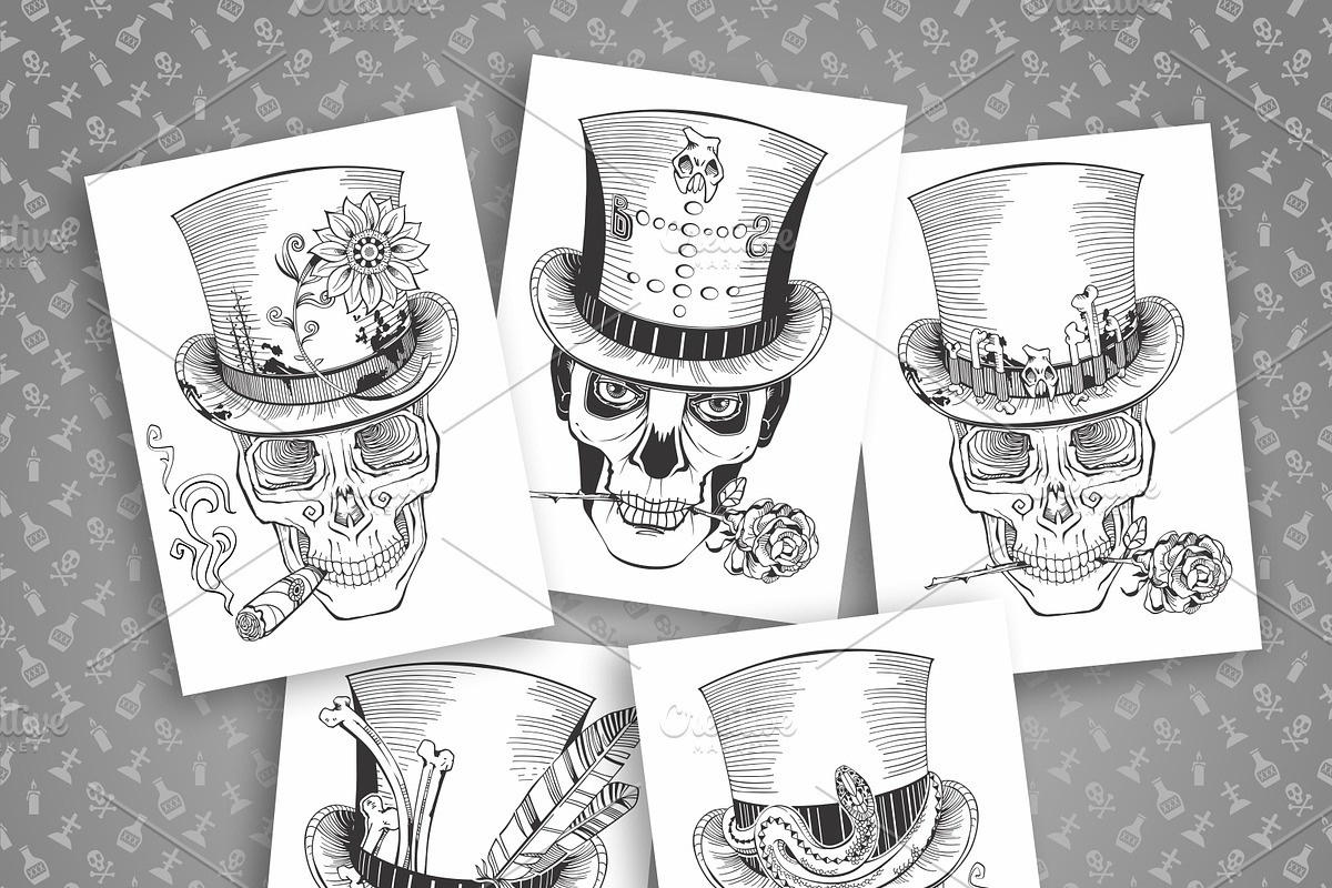 Set of vector skulls in top-hat, an Illustration by Red Spruce's Vector Shop