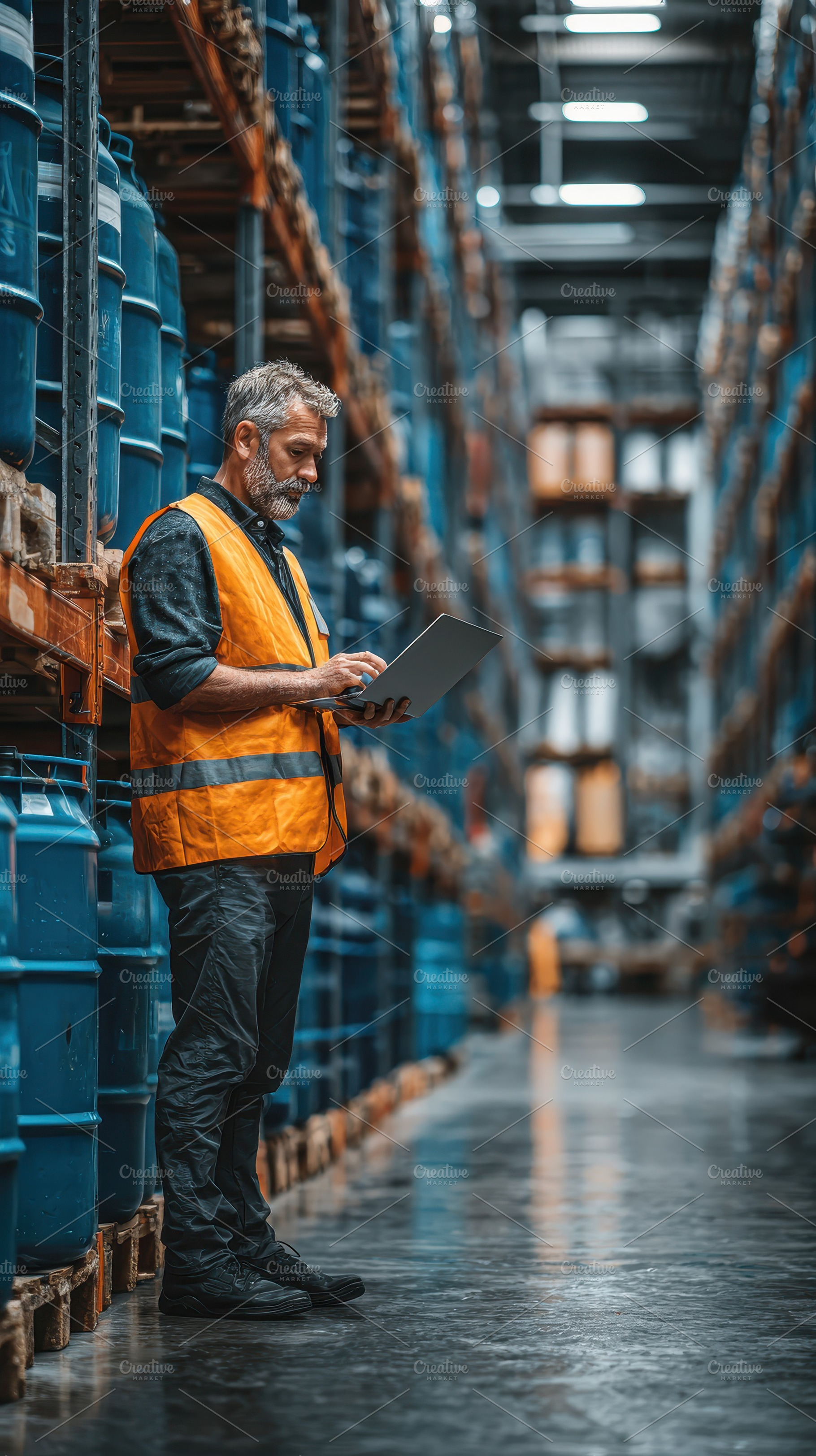 Warehouse worker using laptop checki, a Photo by Pixeness Studio