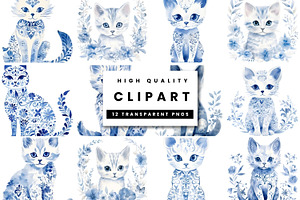 Blue Toile Pattern Cat Clipart