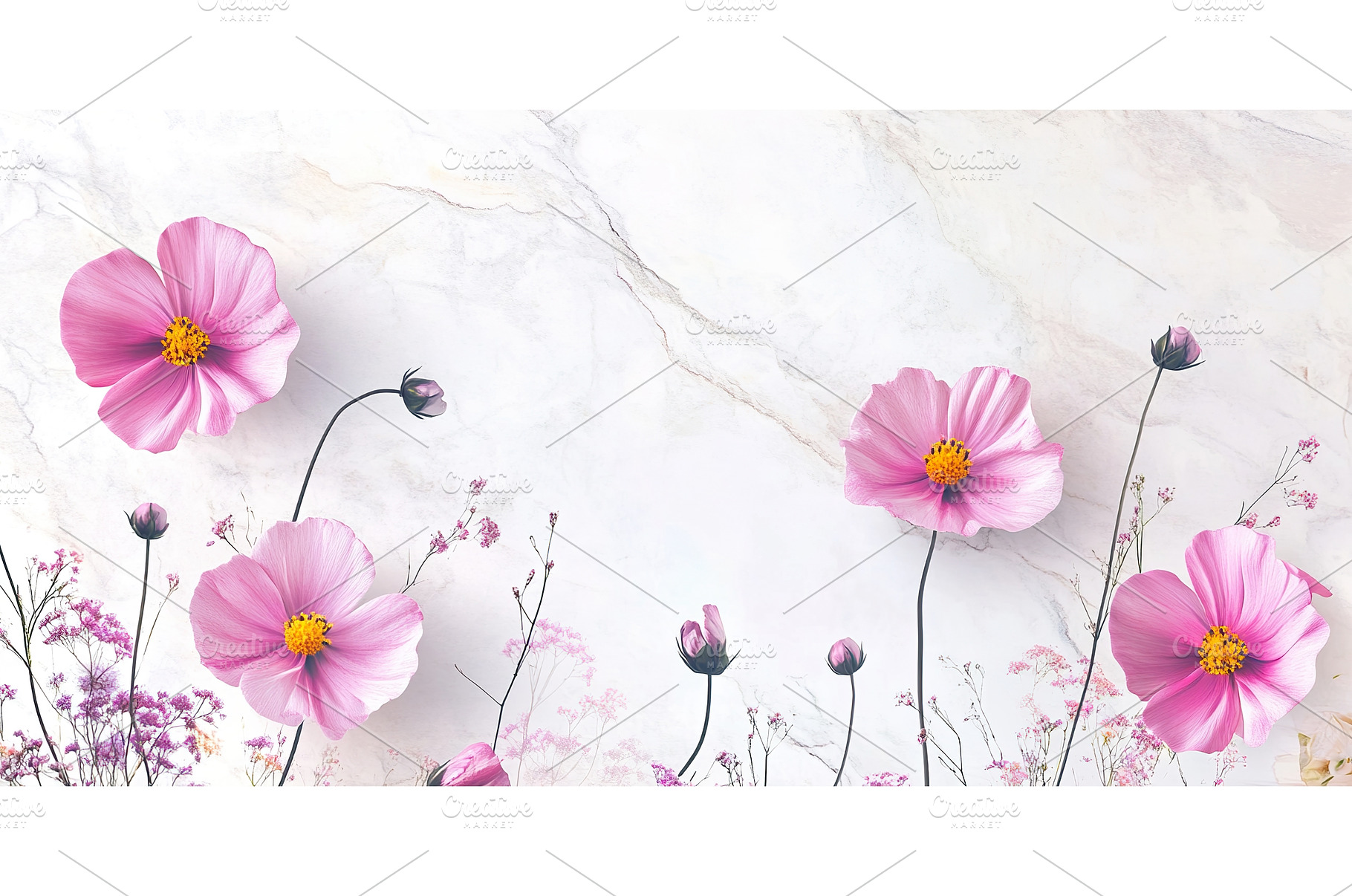 Pink cosmos flowers on marble, a Beauty & Fashion Photo by Lermont51