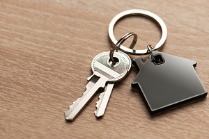House keys with house shaped keychain on wood, a Business Photo by Olena Rudo