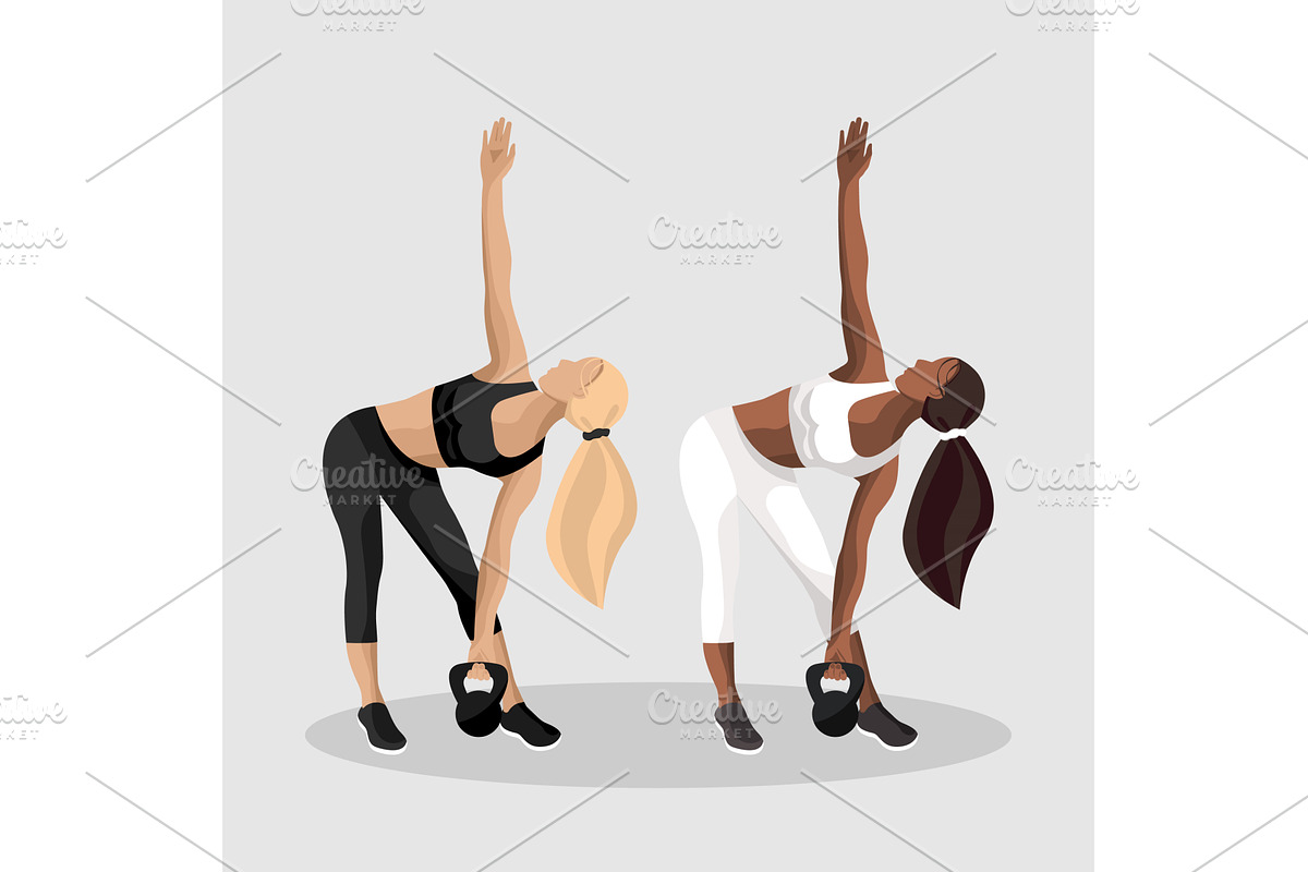 Fit women stretch with kettlebells, a Person Illustration by okskukuruza