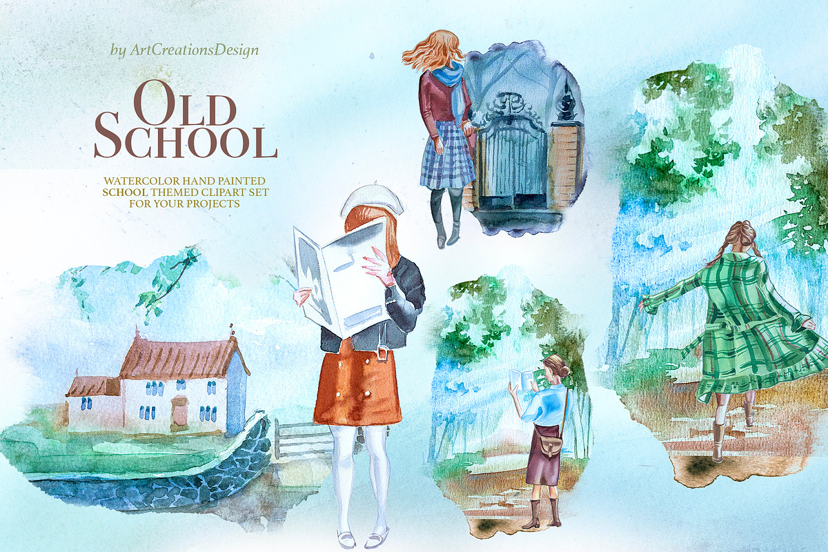 Watercolor Old School Clipart Set, a Seasonal Illustration by ArtCreationsDesign (Photo 13 of 18)