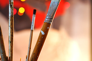 Brushes of the artist in the studio featuring abstract, acrylic, and art
