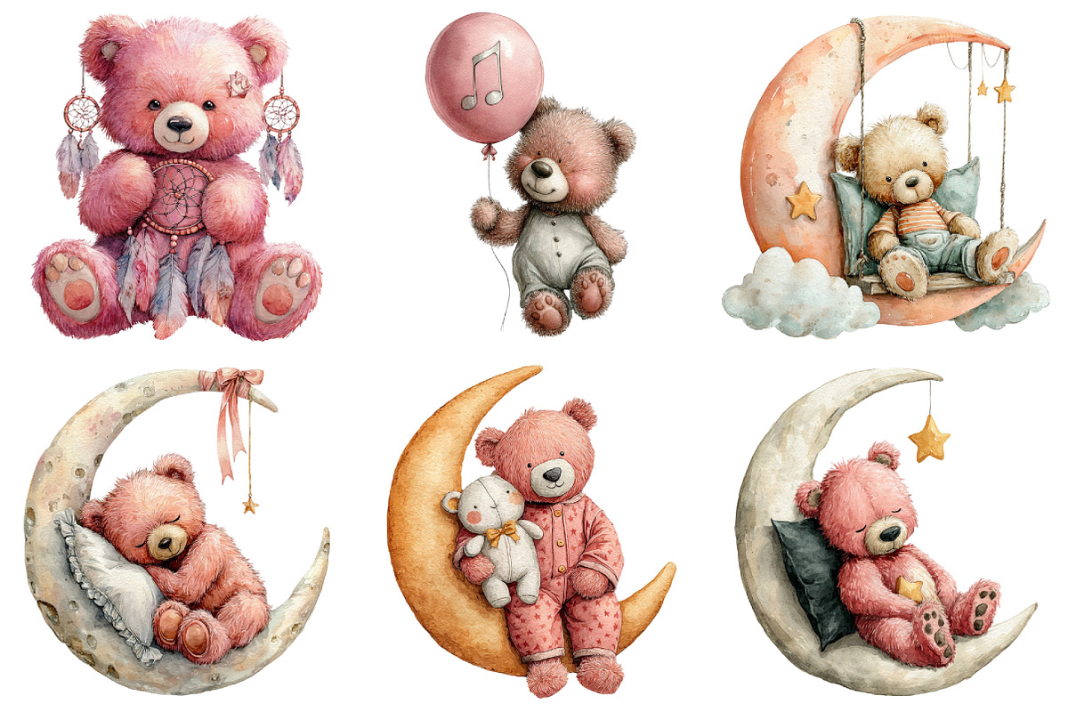 Sweet Dreams Pink Teddy Bear Clipart, an Illustration by Craft Nest (Photo 2 of 6)