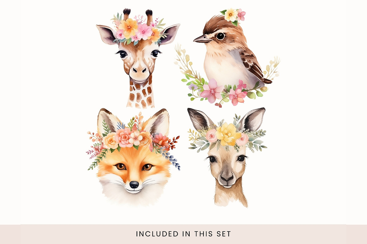 Animals in Floral Crowns Clipart, a Decorative Illustration by illuztrate (Photo 3 of 9)