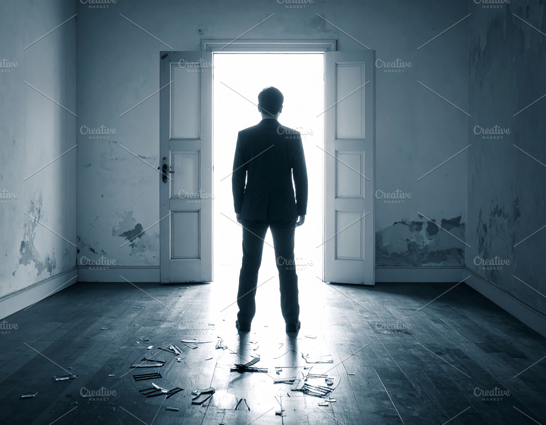Man standing in dark room looking towards bright open doorway, a Person Photo by DanFLCreativo