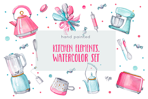 Kitchen elements. Watercolor set