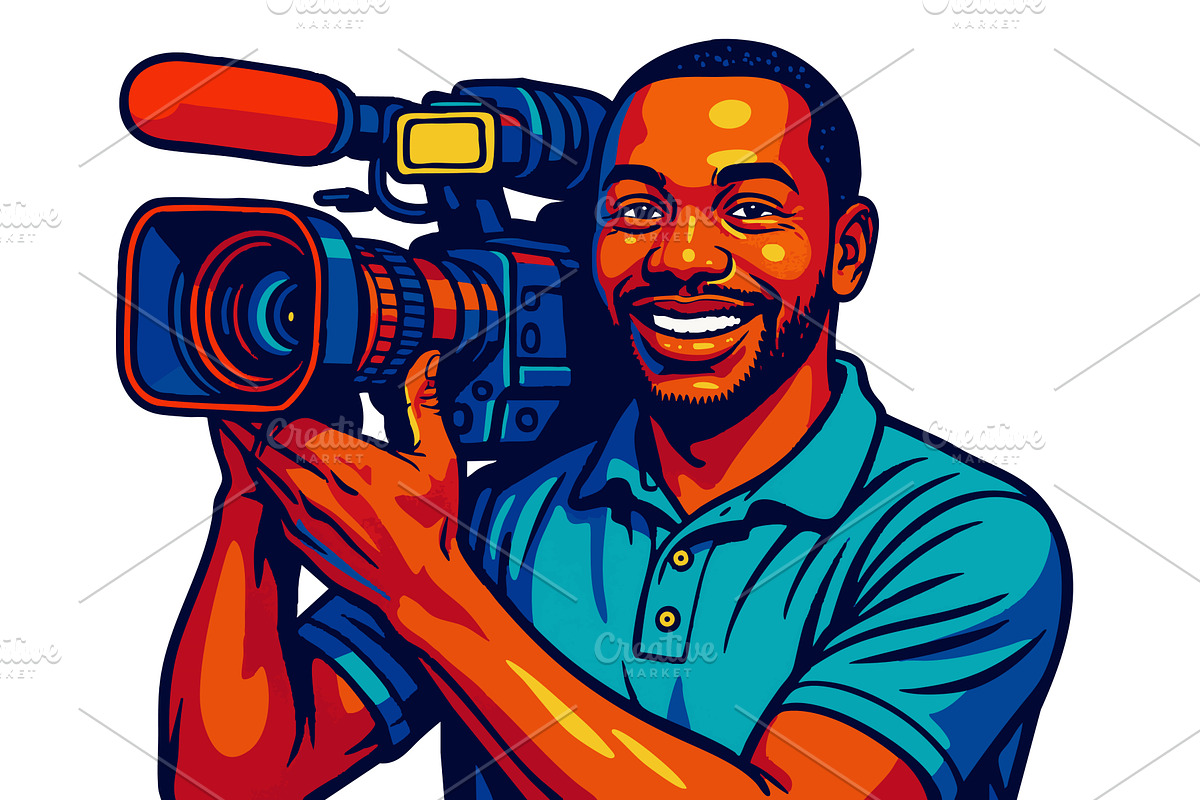 Smiling male Videographer Holding, a Person Illustration by AlexArt