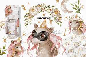 Unicorn Watercolor Clipart & Pattern