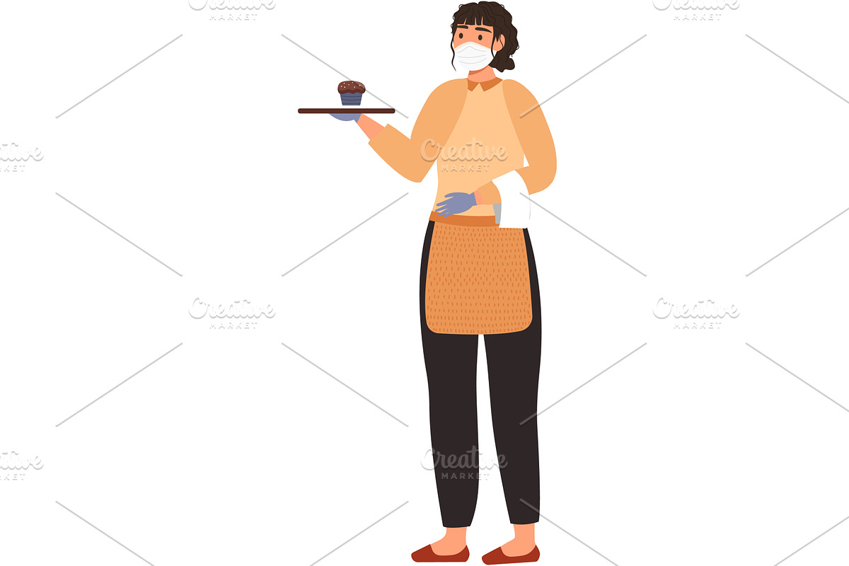 Woman waiter in mask apron vector, a Person Illustration by vectorpointstudio