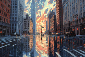 City skyline reflections in puddles, a Photo by Pavel_design
