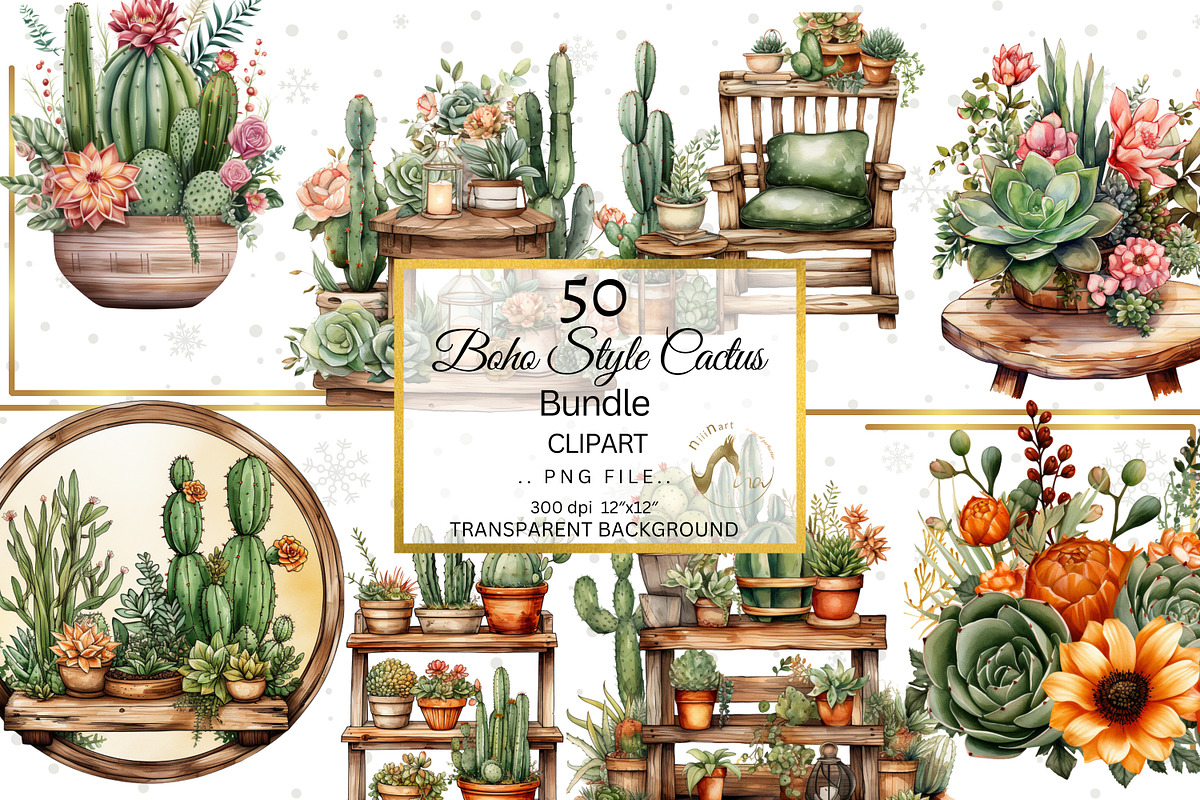 Boho Cactus and Succulents Clipart, a Decorative Illustration by NiiiNArt (Photo 6 of 8)