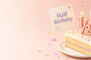 Half birthday cake with numeral cand, a Photo by Dvoevnore photos