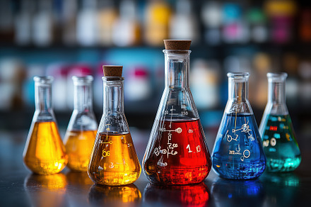 A collection of glass laboratory flasks filled with colorful liquids, including, a Person Photo by Textures & Backgrounds
