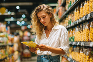 Woman reading food package label at, a Photo by Pixeness Studio